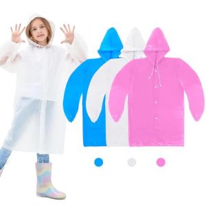 KASURE 3 Pièces Poncho Pluie Enfant, EVA Réutilisable Poncho Pluie Imperméable, Enfant Capuchon Vêtements de Pluie, Poncho Pluie pour Garçons Filles, pour Velo Randonnée Bivouac Camping (Kuidii, neuf)