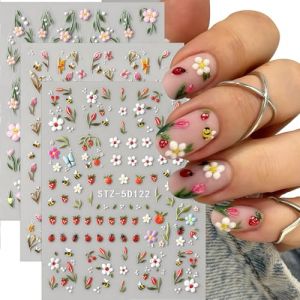 Shimmerz 3 feuilles 5D relief coccinelle abeille fraise fleur autocollants de printemps pour ongles accessoires de nail art (Xiangaiclothing, neuf)