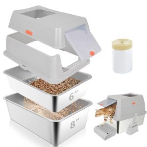 GOYJOY Litière tamisée en acier inoxydable avec couvercle, 60 x 40 x 20 cm, grande litière à granulés de pin, anti-fuites d'urine, avec pédale, pelle et sacs à litière (sswwww, neuf)