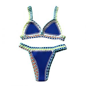 Maillot De Bain Femme 2 Pieces Sexy Couleur Vive Patchwork Fait Main Crochet pour La Plage Maillot de Bain String Push-up Triangle Bikini Set de Plage Taille Haute Swimwear (WnbBgae, neuf)