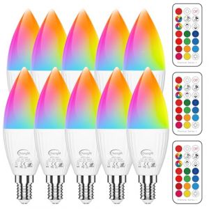 Ampoules LED E14 RGB, Ampoule LED en Forme de Bougie, 5 W (Remplace 40 W), Led Couleur Changement de Couleur Dimmable, Blanc Froid 5700 K, Avec T&eacute;l&eacute;commande, Lot de 10 (SiDell, neuf)