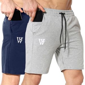 BROKIG Lot de 2 Short Sport Homme avec Poche Zipp&eacute;e Shorts Musculation Running Coton Short de Fitness Respirant Course &agrave; Pied pour Hommes(Marine/Gris Clair,S) (Broki&reg;, neuf)