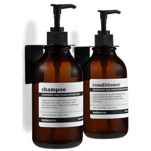 MaisoNovo Distributeur de shampoing et d'apr&egrave;s-shampoing - Distributeur de Savon de Douche Mural - Lot de 2 Bouteilles en Plastique ambr&eacute; de 500 ML avec Pompe Noire (Maisonovo, neuf)