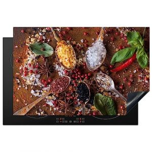 KitchenYeah&copy; Protege Couvre Plaque De Cuisson Deco Cuisine Tapis Protection Protecteur Induction 81x52 cm &Eacute;pices - Herbes - Cuill&egrave;res - Sel - Marron - Cuisine (KitchenYeah, neuf)