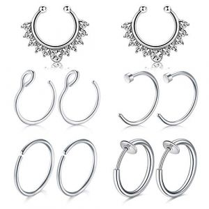 Mayhoop 10Pièces Faux Piercing Nez Faux Piercing Septum Acier Chirurgical Argent avec Diamant Faux Anneau Nez Faux Piercing Nez Lèvre Daith Helix Non Piercing Non-Percé Femme Homme (Mayhoop, neuf)