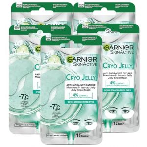 Garnier SkinActive Cryo Jelly Masque contour des yeux en tissu biodégradable anti-fatigue effet glace avec acide hyaluronique compte cernes formule végétalienne – 5 boîtes de 1 application (Eurocali, neuf)