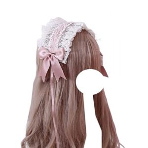 Accessoires for cheveux Lolita, serre-tête en dentelle blanche, serre-tête de soubrette, serre-tête à nœud, coiffe for fille, accessoire de robe Lolita(Bean Pink) (FFNWFHZ, neuf)