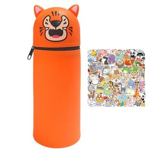 Trousse Scolaire Animal Trousse Ecole 2 en 1 en Silicone Souple avec Animal Autocolant - Kawaii Trousse à Crayons Scolaire Enfant Étui École Fourni (Tigre) (Baipin, neuf)