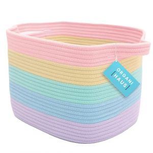 OrganiHaus Panier Rangement B&eacute;b&eacute;, Panier Rangement Salle de Bain, Panier en Corde de Coton pour Decoration Chambre Bebe, Panier de Rangement pour Livres et Jouets 35x23, Arc-en-ciel (OrganiHaus&reg; Europe, neuf)