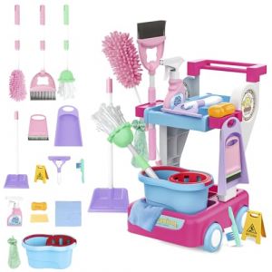 deAO Ensemble de Nettoyage pour Enfants - 17 Pièces avec Balai, Pelle à Poussière et Chariot - Jouets d'Outils de Ménage - Kit Cadeau (FOSDA, neuf)
