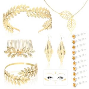 DPKOW Accessoires de Costume de déesse Grecque pour Femmes, Parure de Bijoux de déesse Grecque Bandeau Peigne Pince à Cheveux Collier de Laurier Romain Boucles d'oreilles Bracelet Tatouage Facial (dpkow, neuf)