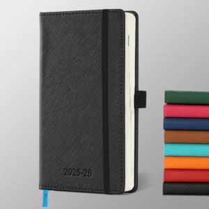 IN-LUXPRO Agenda semainier 2025 2026, au format A6 (16,4 x 9,6 cm), en cuir végétalien et pages de notes, format A6 (16,4 x 9,6 cm), avec pages de notes, noir (Saimoul, neuf)