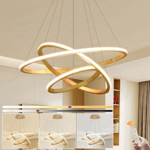 WayLuoung Lustres LED En Bois Plafonnier, Luminaire En Bois À 3 Anneaux À Intensité Variable, Lampe À Suspension Circulaire Réglable, Îlot De Cuisine Salle À Manger Salon Hall D'Entrée 【30+50+70cm】 (G0000D, neuf)