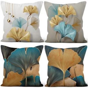 Housse Coussin Ginkgo, Uiiooazy Taie Oreiller Bleu et Doré Feuilles Motif Moderne Housse de Coussin Velours Taie d'oreiller Carré Housse Coussin pour Canapé Lit Salon Chambre Maison, Lot de 4, 45x45cm (dongguibinjingpinxiaodianpu, neuf)