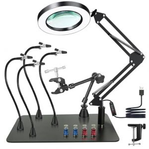 Troisi&egrave;me main - Aide &agrave; la soudure magn&eacute;tique avec loupe 10X - Station de soudage avec 4 colonnes PCB - 4 bras flexibles et 1 bras de support m&eacute;canique - Aide &agrave; la soudure pour soudeurs, bijoutiers (JICHUANG, neuf)