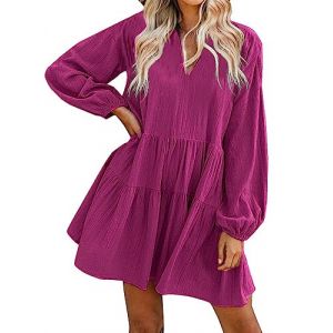 FANCYINN Robe Droite &agrave; Manches Cloche &agrave; Volants pour Femmes Babydoll Mini Robe d&eacute;contract&eacute;e en Lin avec Poches &agrave; Manches Longues Rouge XS (Fancyinn Direct, neuf)