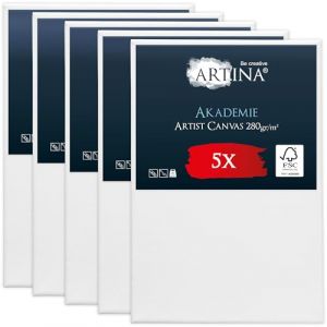 Artina Akademie Set de 5 Canvas Toile à Peindre 20x30cm – Châssis Entoilés en Bois certifiés FSC – Toile Peinture Blanche de 100% Coton - 280g/m² - Toile Stable et sans Acides (Brandvin, neuf)