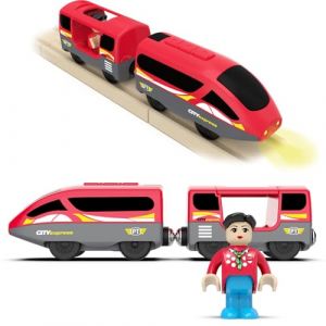 DxxD Train à Piles pour Chemin de Fer en Bois, Train de Locomotives Son et Lumière, Jouet Train Electrique Enfant 3 4 5 6 7 8 Ans, Jouet pour Voie Ferrée en Bois Compatible avec Thomas, Brio, Rouge (MilkyWayToy, neuf)