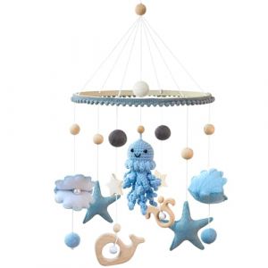 Meer Welt Carillon &eacute;olien mobile pour b&eacute;b&eacute; avec boules en feutre, pieuvre 3D crochet&eacute; &agrave; la main avec coquillages et &eacute;toiles, cloche de lit en bois, pendentif pour lit de b&eacute;b&eacute;, gar&ccedil;on et fille (YANZHIHENGAO, neuf)