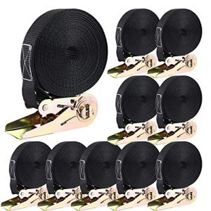 10 PCS 800 kg Sangle à Cliquet, Sangle d'Arrimage avec Tendeur, Sangle de Serrage en Polyester, 6m x 25mm, pour Moto, Cargaison, Remorque, Camions, Bagages (Noir) (Towncome, neuf)
