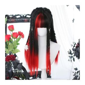 Perruque Femme Perruque de cheveux dégradés rouge noir avec frange, perruque de cheveux longs et raides for cosplay, perruque synthétique naturelle résistante à la chaleur for fête d'Halloween hair wi (xiaoxiwenuk, neuf)