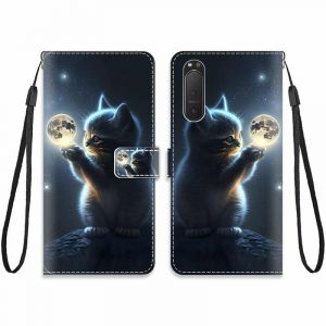 KARTXITAI Cuir Coque Compatible avec Sony Xperia 5 II 5G Antichoc avec Support Clapet Design Motif Dr&ocirc;le &Eacute;tui Bumper Portefeuille Magn&eacute;tique Cr&eacute;atif Case Cover Housse-Lune Chat,Ciel,&eacute;toiles (KARTXITAI, neuf)