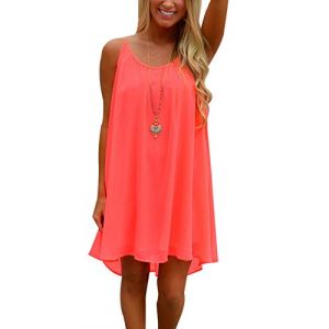 Minetom Femmes &Eacute;t&eacute; Casual Charmant Plage Mousseline sans Manches Robes Cocktail Tunique L&acirc;che Asym&eacute;trique Mini Dress Orange Fluo FR 40 (Mon Bon Coup FR, neuf)