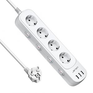 JSVER Bloc Multiprise avec 4 Prises Interrupteur Individuel Multiprise avec 3 Ports USB Chargeur Prise Multi Multiprise Electrique(3680W) pour la Maison Le Bureau ou la Cuisine,2M-Blanco (JsverDirect, neuf)