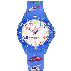 Alienwork Espace Alien Montre P&eacute;dagogique Apprendre l'Heure Enfants Gar&ccedil;on Bleu Bracelet en Silicone Multicolore Enfants R&eacute;sistant &agrave; l'eau 5 ATM Temps d'apprentissage (?Alienwork, neuf)
