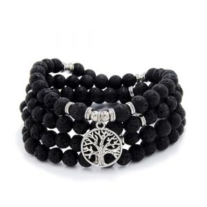 Collier de perles Mala de 8 mm, 108, bracelet de m&eacute;ditation avec breloque arbre de vie (Lave (Lava)) (Self-Discovery Jewelry, neuf)