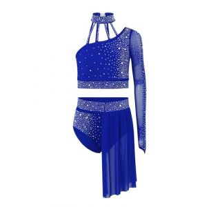 Linjinx Enfant Fille Justaucorps de Gymnastique Robe Danse Classique Lyrique Asym&eacute;trique Robe de Patinage Artistique Paillette et Jupe Tutu Costume Performance 5-16 Ans Bleu 9-10 ans (Linjinx, neuf)