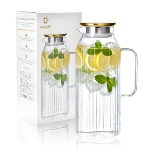 GLASKEY 2.1 Litre Carafe en Verre avec Couvercle et Anse, Carafe Eau Classique Ray&eacute;e avec Poign&eacute;e pour le R&eacute;frig&eacute;rateur, Pichet &agrave; jus Anti-fuite, pour Boisson Maison,th&eacute; Glac&eacute;,Vin,Caf&eacute;,Lait (GLASKEY EU, neuf)