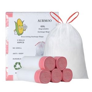 AURMOO Sacs Poubelle 60L avec Cordon de Serrage, Sacs Poubelle D&eacute;gradables, 60 Pi&egrave;ces, M&uuml;llbeutel avec Cordon de Serrage, Sac &agrave; Ordures de Cuisine, Sac de D&eacute;chets Alimentaires, B60xH70cm, Blanc (AURMOO EU, neuf)
