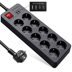 Multiprise Parafoudre avec Interrupteur, Bloc Multiprise 10 Prises 4 USB Chargeur, Prise Multiple avec USB C, Protection Enfant Rallonge Electrique, Montage Murale, 1,5m Câble, Noir (Orkztek, neuf)