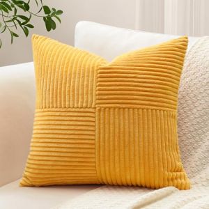 Sungeek Lot de 1 Housse de Coussin 60x60 cm en Velours C&ocirc;tel&eacute;, Housse Coussins Patchwork &agrave; Rayures Crois&eacute;es Doux Taies d'oreiller D&eacute;coratives pour Lit Canap&eacute; Chambre Salon, Jaune Dor&eacute; (Sungeek, neuf)