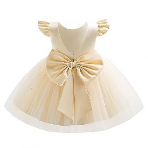 IWEMEK Bébé Fille Robe à Tutu en Tulle à Manches volantées Dos Nu nœud Papillon et Perles Robes de fête Anniversaire Mariage Princesse Cérémonie Baptême Première Communion Beige 6-12 Mois (IWEMEK, neuf)