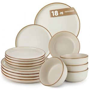 vancasso RENO Service de Table 18 Pi&egrave;ces en Porcelaine, Service Vaisselle 6 Personnes, 6 Assiettes Plates, 6 Assiettes &agrave; Dessert, 6 Bols &agrave; C&eacute;r&eacute;ales, &Eacute;mail beige mat (vancasso Reactive Art, neuf)