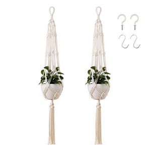 Emsmil 2Pcs 105cm Macram&eacute; Plante Suspension Corde Pot de Fleurs Suspendu Solide Corde de Coton Pots Support Exterieur Interieur pour Fleur D&eacute;coration Mural Balcon Jardin Style Boh&ecirc;me Blanc Cr&egrave;me (XinyiTeto, neuf)