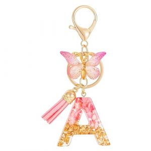 LAKJUOZ 1 Pièces Alphabet Initiale Lettre Porte-Clés Avec Papillon Pompon Pendentif, Alphabet Initial Letter Keychain Kit, Rose Résine Key Ring Charm Pour Femmes Filles Sac À Main Bagages Décoration (LI LINA DE DIAN, neuf)