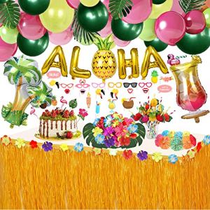 wohot 162Pcs Hawa&iuml;enne Luau Table Jupe Set de D&eacute;coration, Aloha Ballon Guirlandes Set pour Beach Decoration Tropicale de F&ecirc;te Tropicale Hawa&iuml;enne (162 PCS) (YYa-EU, neuf)