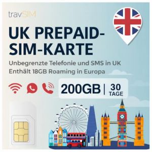 travSIM UK SIM Card | 150GB de donn&eacute;es + Appels & Textes illimit&eacute;s | Vitesses 4G/5G | Fonctionne dans Tout Le Royaume-Uni | La Carte SIM UK est valable 30 Jours (travSIM GmbH, neuf)