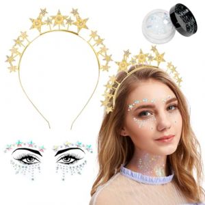 Capaneus Bandeau Étoile Strass, Cristal Étoile Bandeau Déesse, Diamant Pentagone Bandeau, Autocollants pour Visage de Diamant, Paillettes Pailletées, Or Ornement Cheveux pour Femmes Filles (shuokang, neuf)