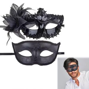 Rakiuty 2 Pi&egrave;ces Masque V&eacute;nitien Couple Femme Homme, Masques V&eacute;nitiens en Dentelle, Masques Carnaval, Sexy Mascarade Femme Masque pour Carnaval, F&ecirc;te D&eacute;guis&eacute;e, Soir&eacute;e, pour Halloween Mascarade, Noir (Elliot  Ree, neuf)