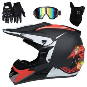 Casque de Motocross IntéGral, Avec Lunettes, Gants, Masque, éQuipement de Protection Pour Jeunes Enfants, VTT, BMX, Quad, Dirt Bike(Red ghost head,M(54-55cm)) (YUJINGNA, neuf)