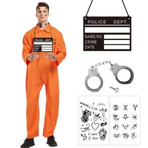 LGZIN Costume de Prisonnier, Déguisement de Prisonnier pour Adulte, Combinaison Prisonnier Orange Homme avec Menottes, Déguisement Homme pour Halloween Carnaval Cosplay (XL) (JHA-EU, neuf)