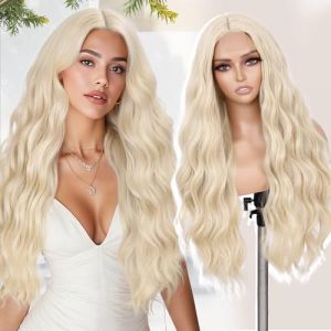 WIGNEE Perruque longue blonde ondul&eacute;e 28 pouces en dentelle synth&eacute;tique avant longue perruque blonde platine partie centrale pour les femmes quotidien/cosplay perruque pour les femmes blanches (Wignee Hair, neuf)