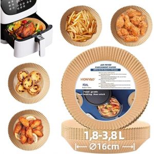 HONYAO Papier Cuisson Air Fryer 100 Pièces, 16 cm Rond Papier Sulfurisé pour Friteuse a Air 1,8-3,8 L, Airfryer Parchemin Accessoires compatible avec Cosori Philips Cecotec Friteuse Sans Huile (HONFAY, neuf)