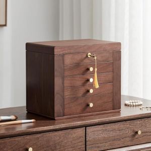 Homruilink Coffret &agrave; bijoux en noyer noir, organisateur de bijoux en bois avec 2 portes lat&eacute;rales, miroir et serrure, classique, pour colliers, bagues, Cadeau de Saint-Valentin - 5 niveaux (homruilink, neuf)