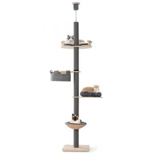 GOPLUS Arbre à Chat du Sol au Plafond, Hauteur Réglable 236-271cm, Gand Arbre à Chat pour Chat à 5 Niveaux avec Griffoir, Tremplin, Lit, Panier, Hamac pour Chat d'Intérieur (Augenstern24, neuf)