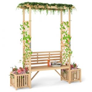 GOPLUS Arche de Jardin avec Banc & 2 Bacs Jardinières, Treillis en Bois pour Plantes Grimpantes & Vignes, Pergola Extérieure pour 2 Personnes, Décoration pour Véranda, Patio Pelouse (Augenstern24, neuf)